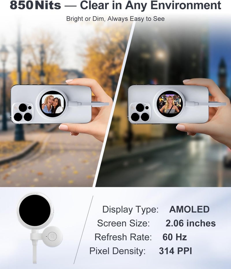 Fussion Plug-and-Play Vlog Selfie Monitor Screen iPhone, Lightweight Back Camera Monitor with Remote, 60fps Magnetic Selfie Screen for Rear Camera Selfies, Vlogging, Only Compatible with iPhone - Off White - Image 5